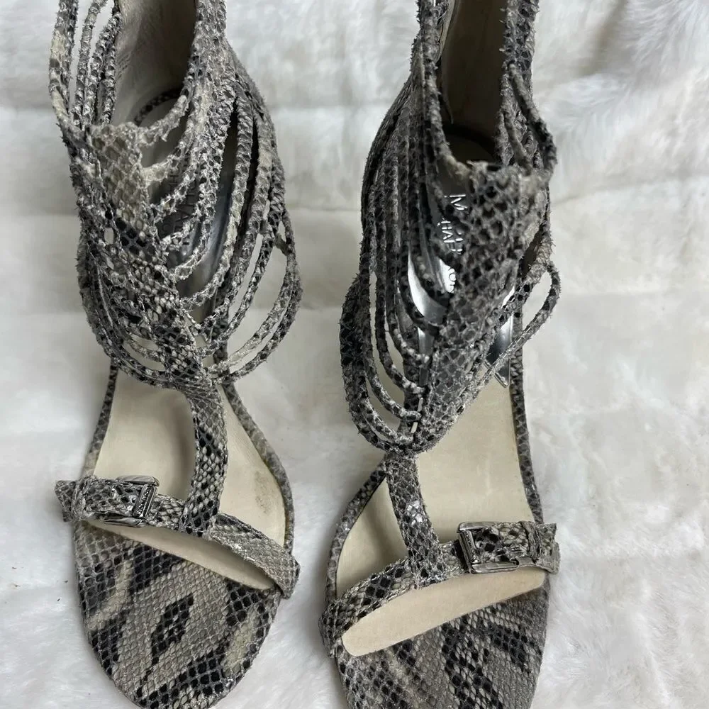 Michael Kors leather snake skin print beige and gray cage T Straps heels size9M